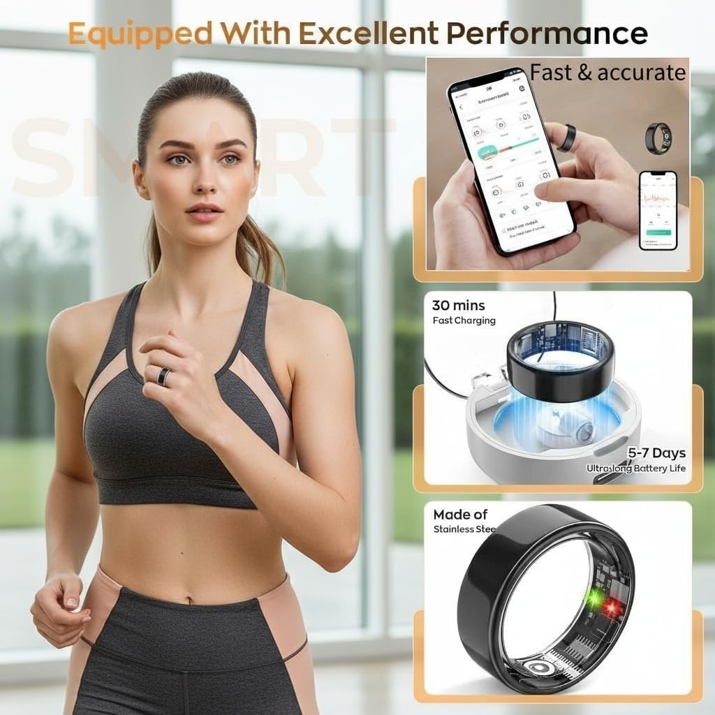 Smart Health Ring for Men Women, Fitness Tracker Ring with Heart Rate Blood Pressure SpO2 Sleep Monitoring, 100+ Sports, Slim Stainless Steel IP68, No Subscription, iOS Android