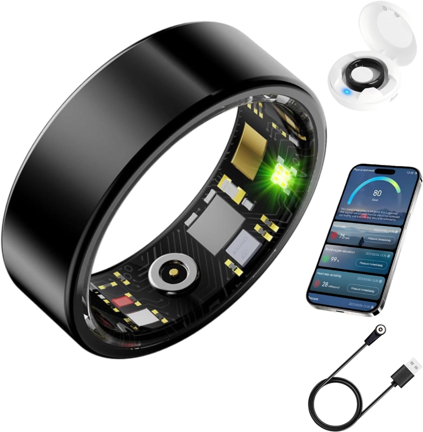 Smart Health Ring for Men Women, Fitness Tracker Ring with Heart Rate Blood Pressure SpO2 Sleep Monitoring, 100+ Sports, Slim Stainless Steel IP68, No Subscription, iOS Android