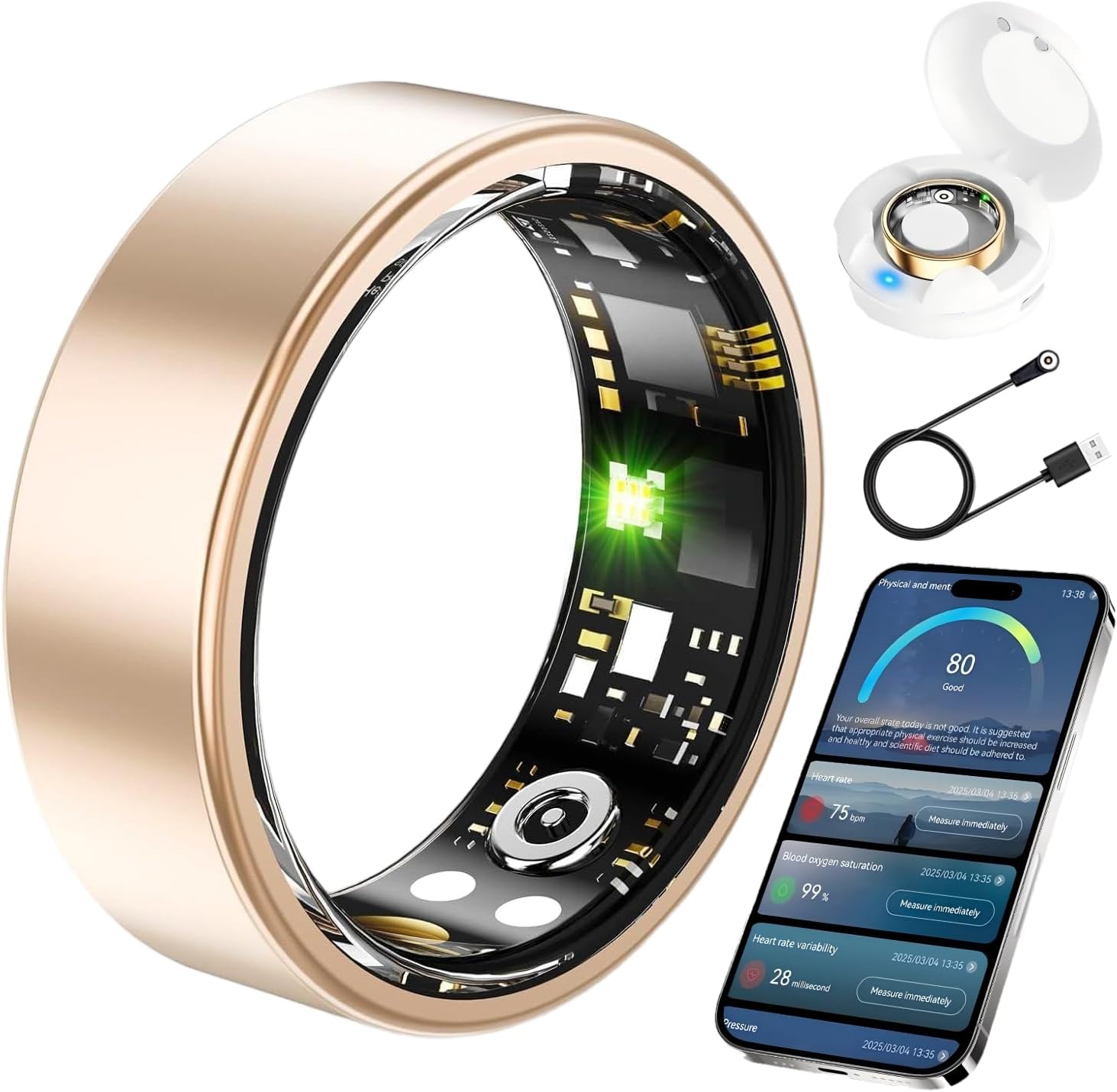 Smart Health Ring for Men Women, Fitness Tracker Ring with Heart Rate Blood Pressure SpO2 Sleep Monitoring, 100+ Sports, Slim Stainless Steel IP68, No Subscription, iOS Android