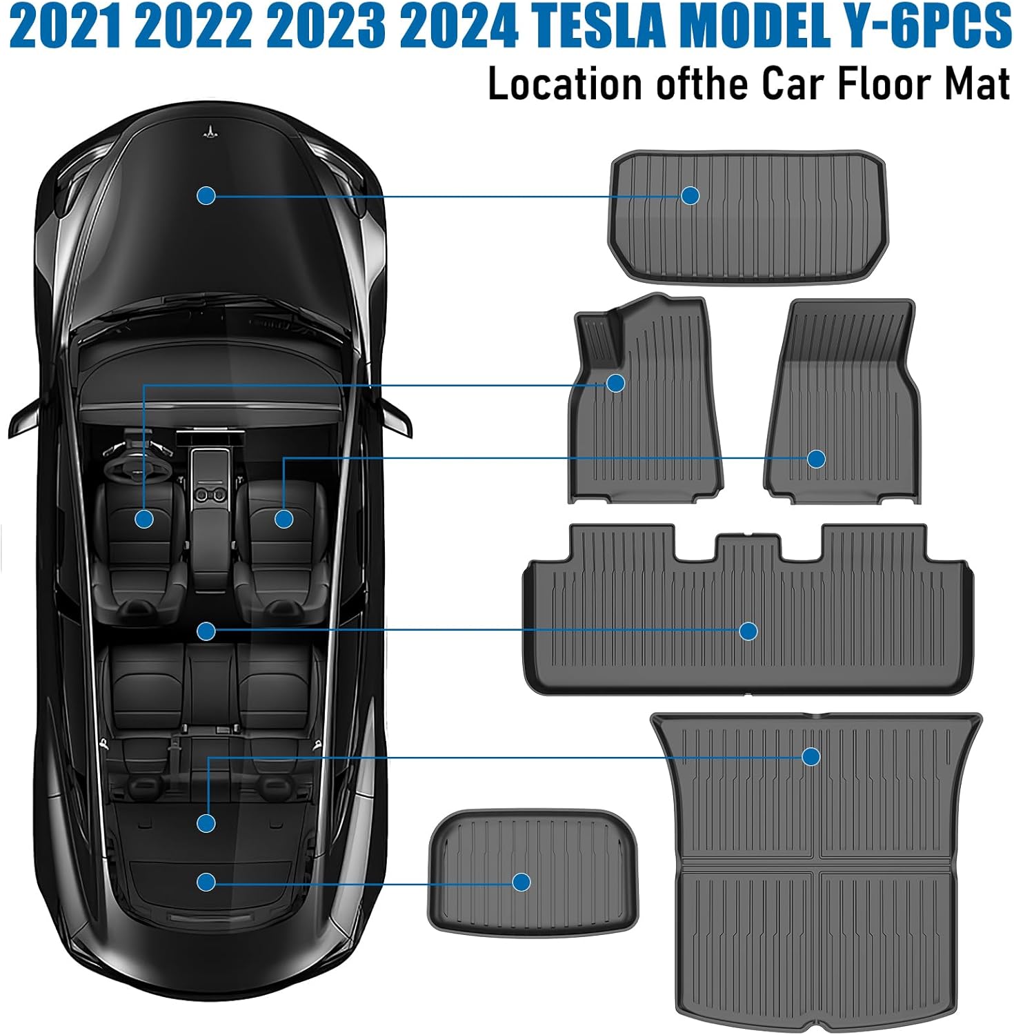 2024 Tesla Model y Floor mats - Custom Fit All Weather TPE Cargo Liner Trunk Accessories, Exclusively Compatible with 2021-2024 Tesla Model Y 5-Seat (Model Y Full Floor Mat Kit - Set of 6)