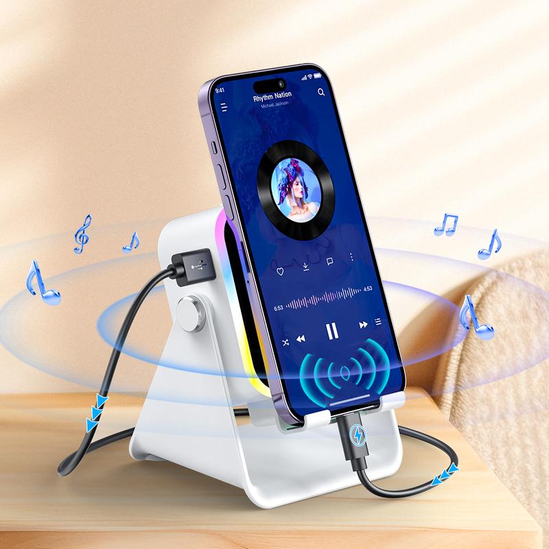 BKWAT Wireless Induction Audio Speaker Stand, 5in1 Cellphone Holder, 3500mAh Rechargeable Emergency Power Bank,360° Adjustable Mobile Tablet Stand with Colorful Ambient Light Gifts for Men Women