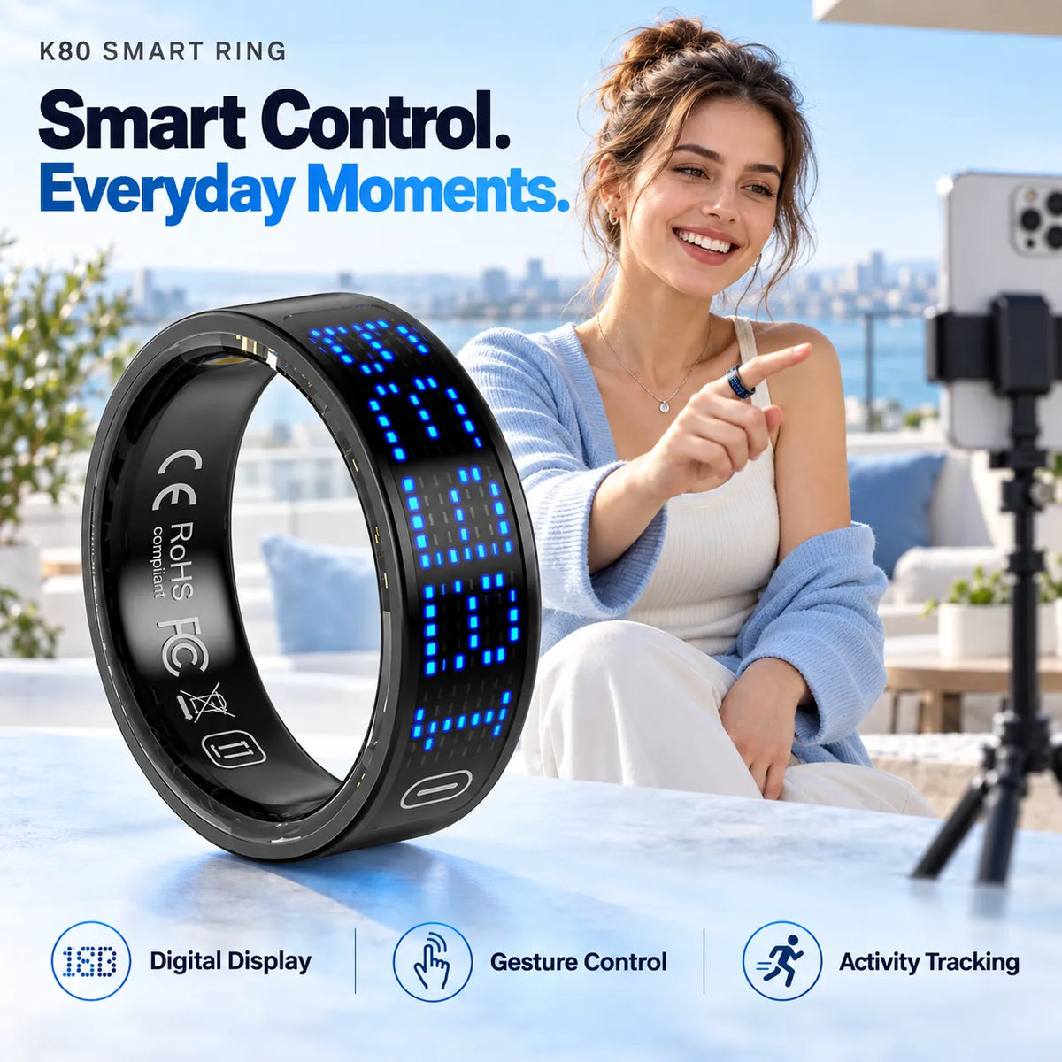 BKWAT K80 Smart Ring with Built-In Display & Gesture Control