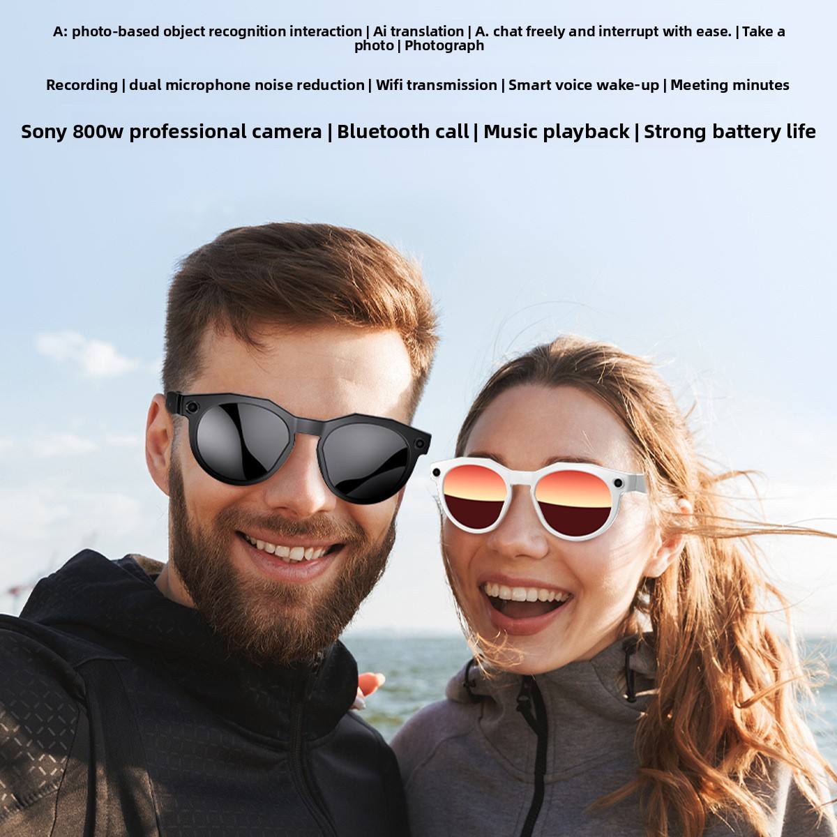 AI Smart Glasses 8MP HD Camera IPX-6 Waterproof Touch Control for Music Listening Translation Voice Meeting Recording