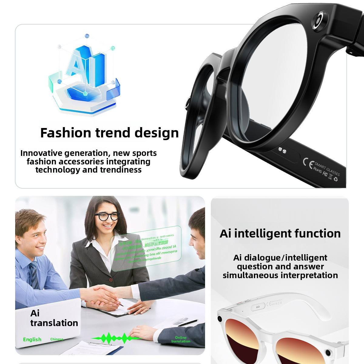 AI Smart Glasses 8MP HD Camera IPX-6 Waterproof Touch Control for Music Listening Translation Voice Meeting Recording