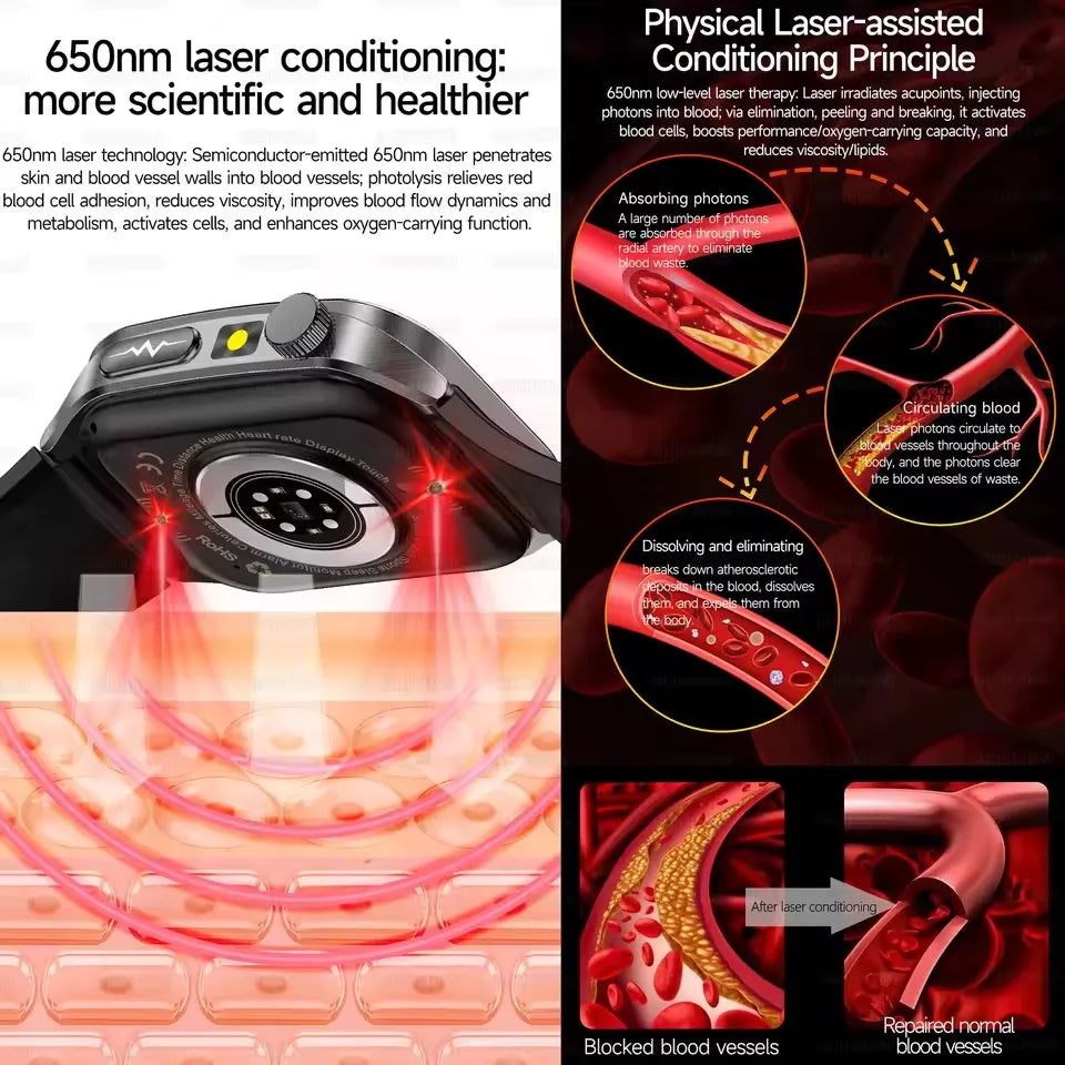 650nm Laser Therapy Smartwatch for Men, ECG & Health Monitoring Watch with Bluetooth Calling, for Android & iOS