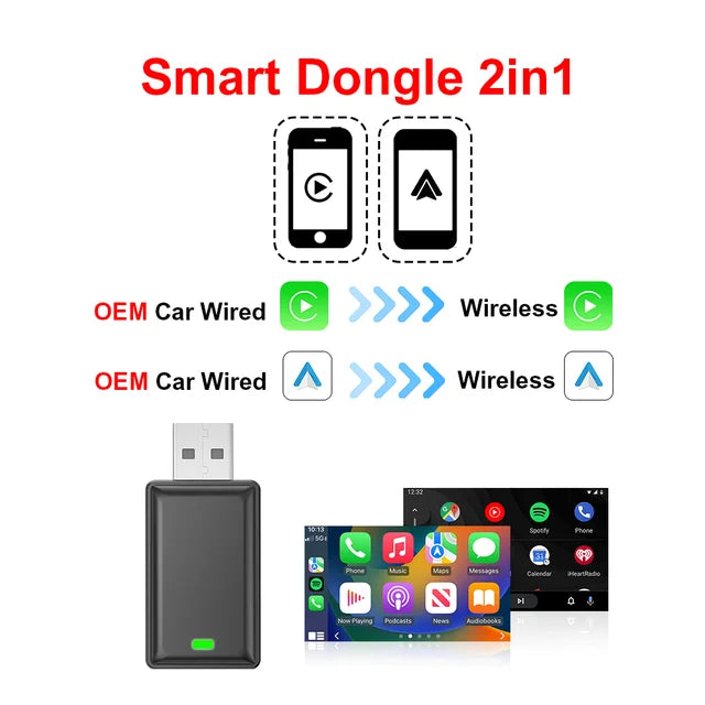 Tripodpie 2in1 Wireless Carplay Adapter Android Auto Smart USB Dongle Plug and Play For Havel Kia Volvo Audi MG VW Hyundai Jeep