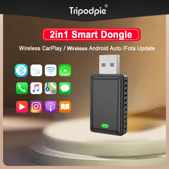 Tripodpie 2in1 Wireless Carplay Adapter Android Auto Smart USB Dongle Plug and Play For Havel Kia Volvo Audi MG VW Hyundai Jeep