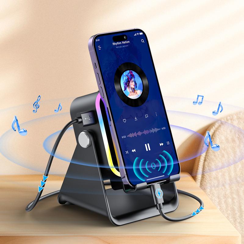 BKWAT Wireless Induction Audio Speaker Stand, 5in1 Cellphone Holder, 3500mAh Rechargeable Emergency Power Bank,360° Adjustable Mobile Tablet Stand with Colorful Ambient Light Gifts for Men Women