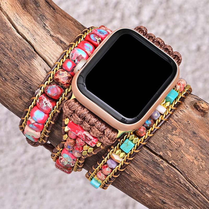 Red and Blue Imperial Stone Bead woven with Bohemian style strap for Apple Watch