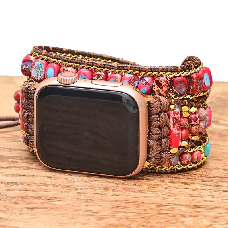 Red and Blue Imperial Stone Bead woven with Bohemian style strap for Apple Watch